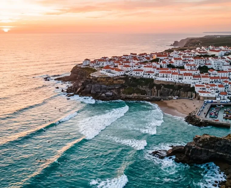 The whitewashed clifftop town of Ericeira above the Atlantic, Portugal